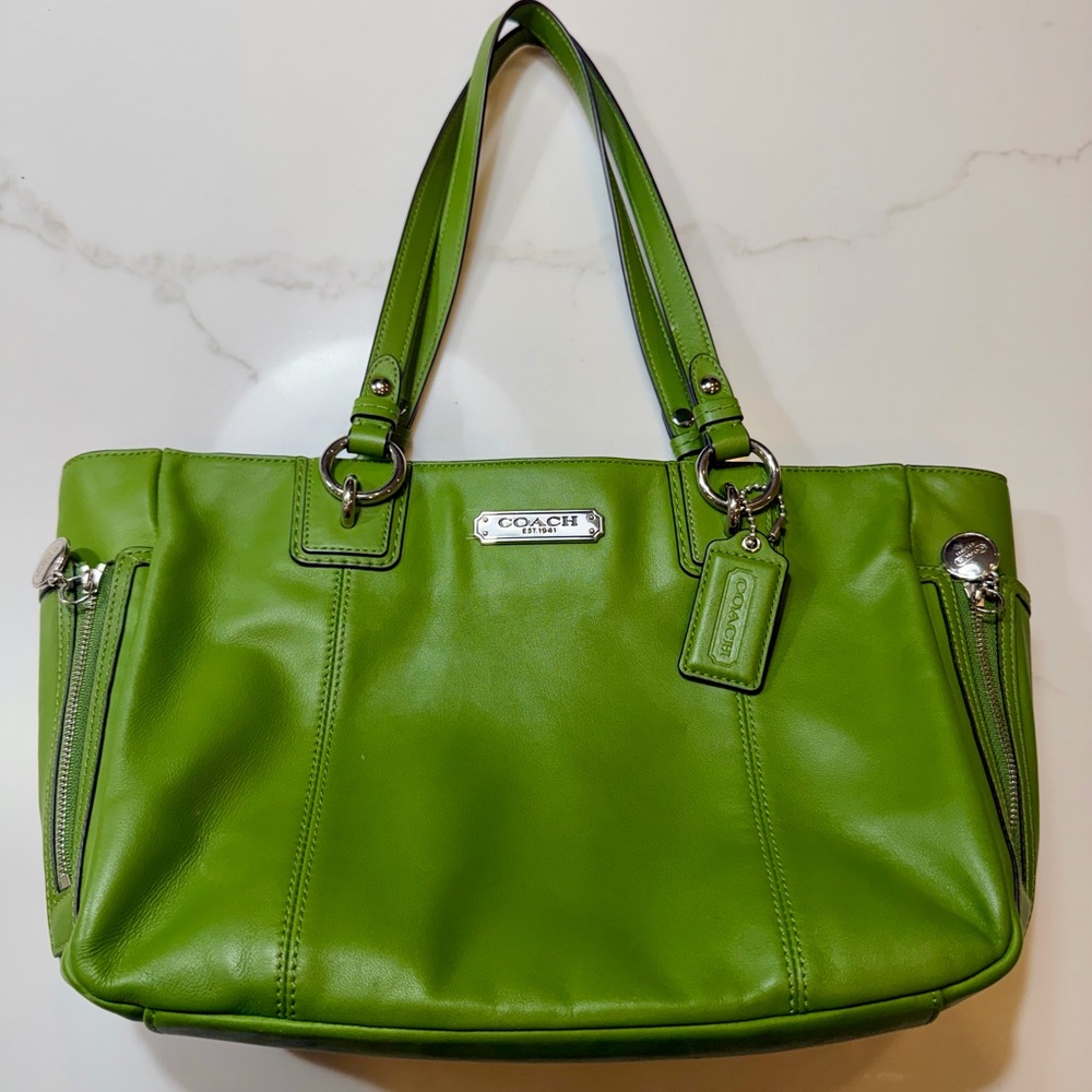 Coach Green Leather Shoulder Tote with Silver Hardware